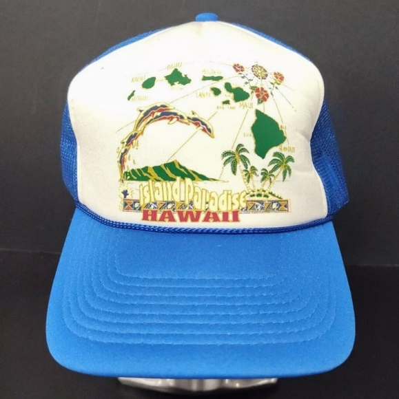San Sun Other - Vintage Hawaii Island Paradise Blue Snapback Mesh Trucker Hat, NOS, San Sun